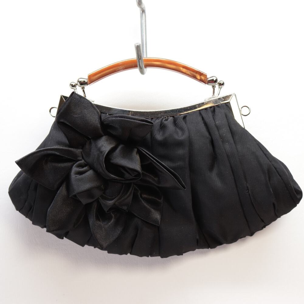 Evening Satchel Handbag S Black Satin Bow Lined Wood Handle Kiss Lock Purse Bag